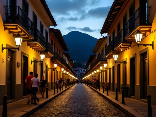Evening scene in residential street of Ouro Preto showing local security awareness