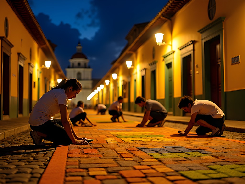 Local families creating colored sawdust carpets for Semana Santa procession at night in Ouro Preto