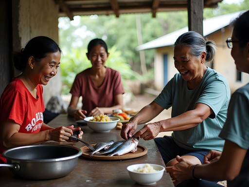 Local Filipino family teaching traditional cooking methods in outdoor kitchen