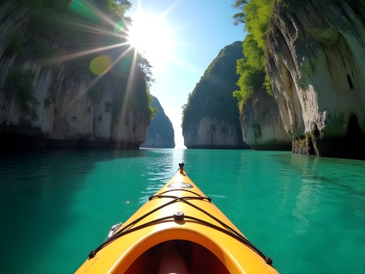 Person kayaking through limestone karsts and emerald waters in Palawan