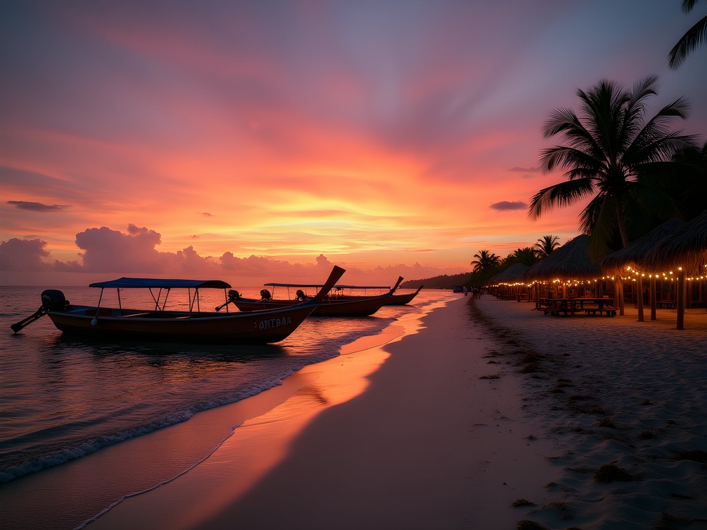 Sunset over Port Barton beach with traditional bangka boats silhouetted against orange sky