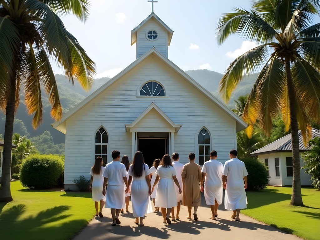 Sunday church service in Pangai with locals in traditional white clothing