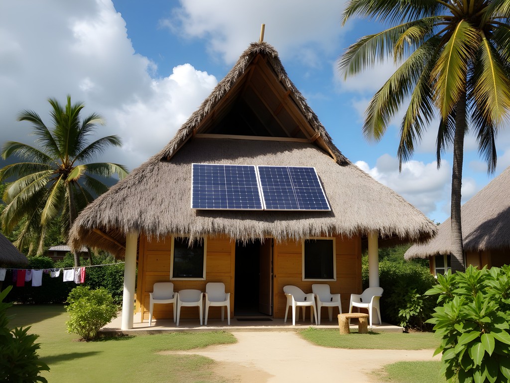 Traditional Tongan fale with modern solar panels in Pangai village setting
