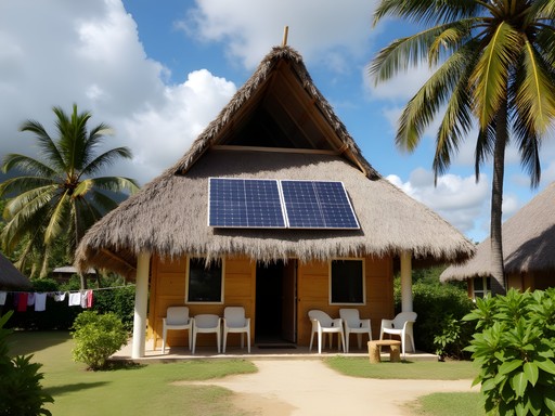 Traditional Tongan fale with modern solar panels in Pangai village setting