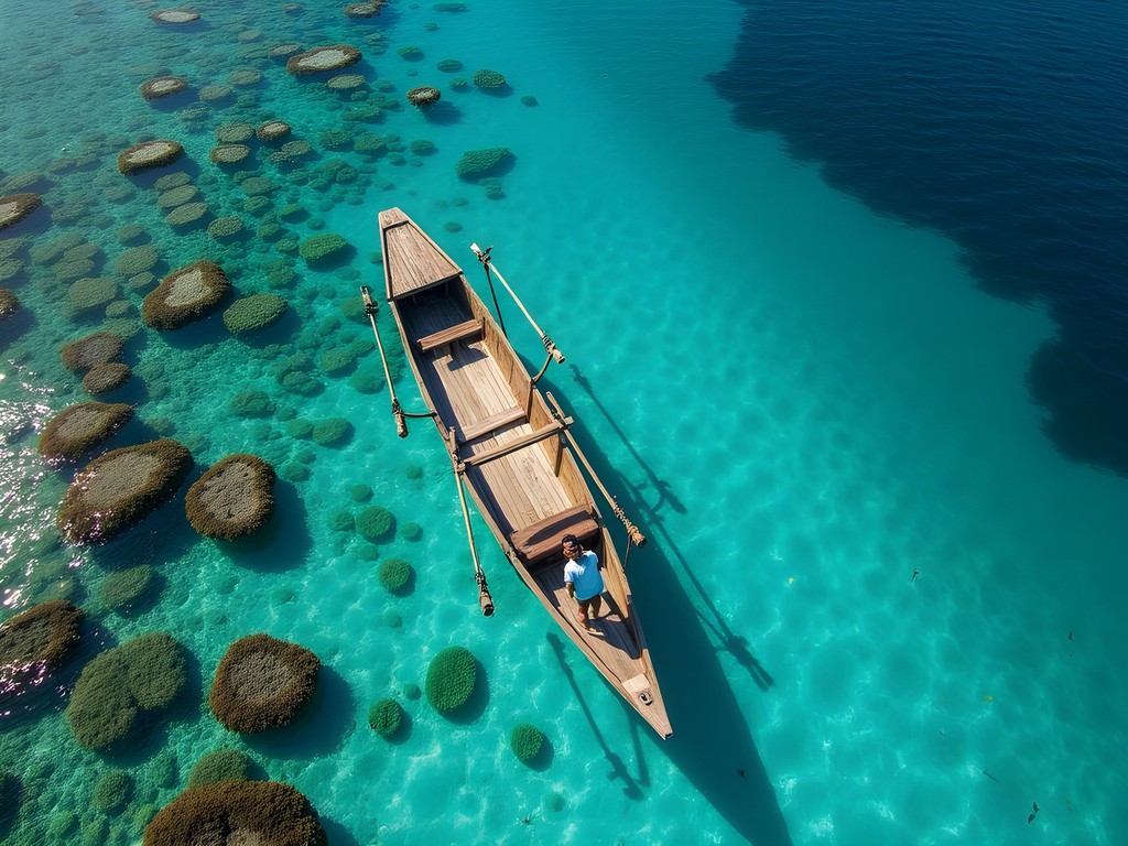 Traditional Tongan fishing boat above vibrant coral reef in Ha'apai Islands