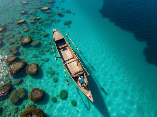 Traditional Tongan fishing boat above vibrant coral reef in Ha'apai Islands