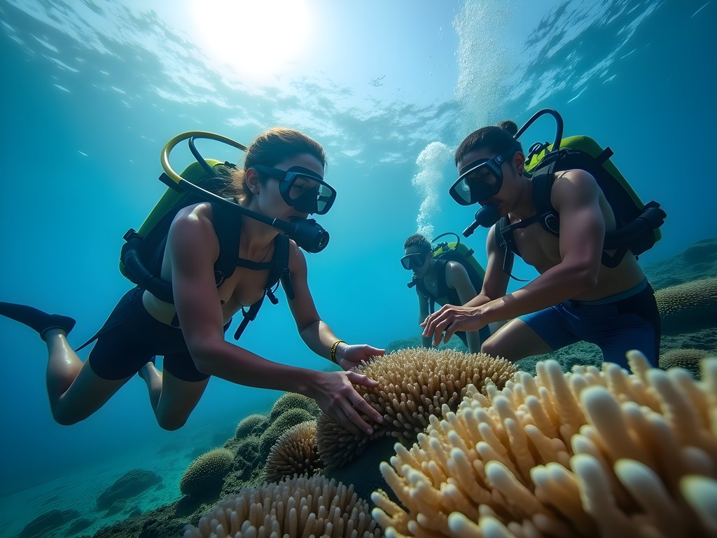 Local conservation volunteers working on coral restoration in Perhentian Islands