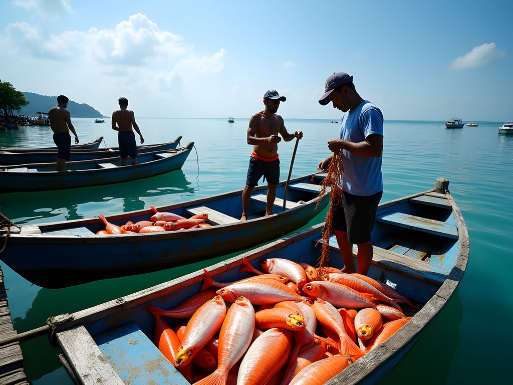 Local fishermen selling fresh catch at small jetty on Perhentian Kecil
