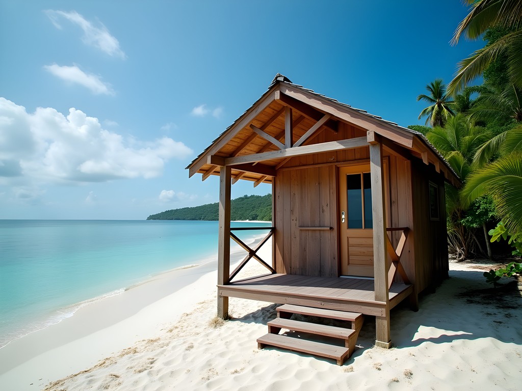 Simple wooden beachfront chalet on Perhentian Kecil at sunrise
