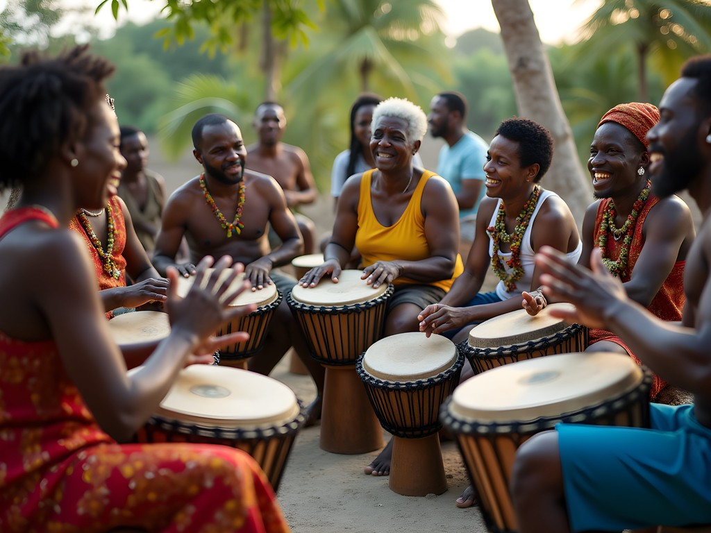 Local Garifuna drumming session in Placencia with community members playing traditional music