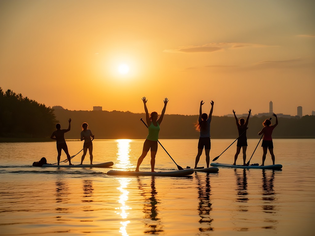 Evening paddleboard yoga class on Medicine Lake with Minneapolis skyline in distance