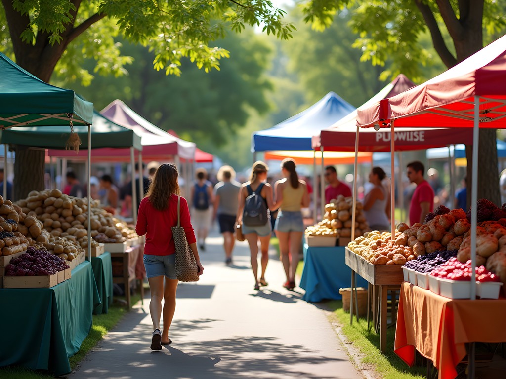 Colorful local produce display at Plymouth Farmers Market in summer