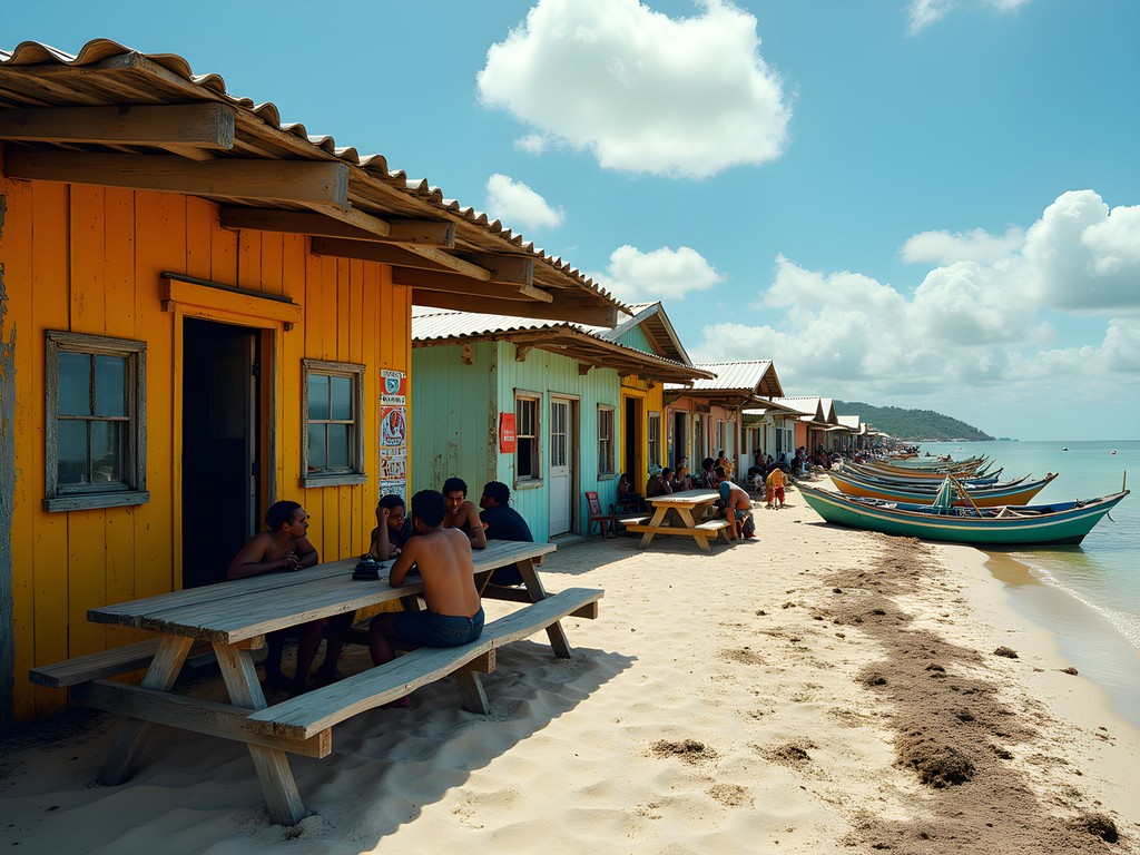 Colorful wooden fish shacks on Hellshire Beach with fishing boats in background