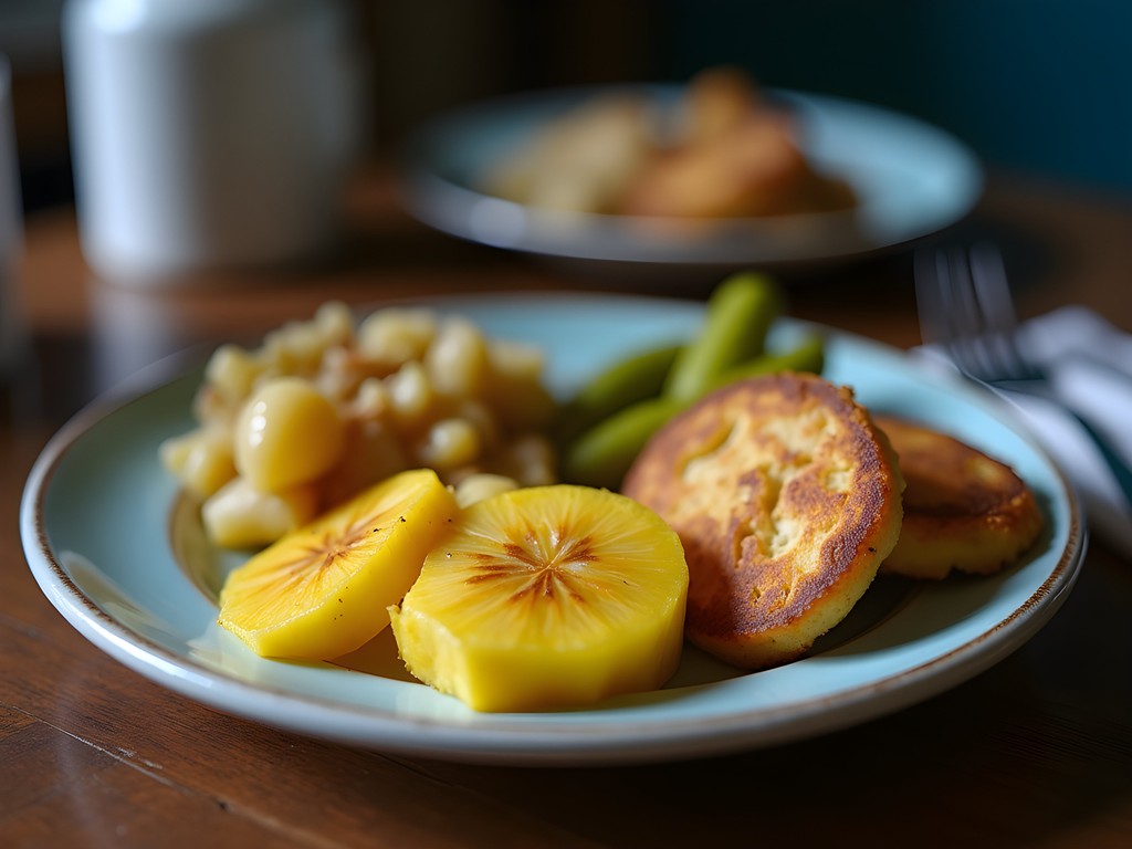Authentic Jamaican meal of ackee and saltfish with sides at a local Portmore cookshop