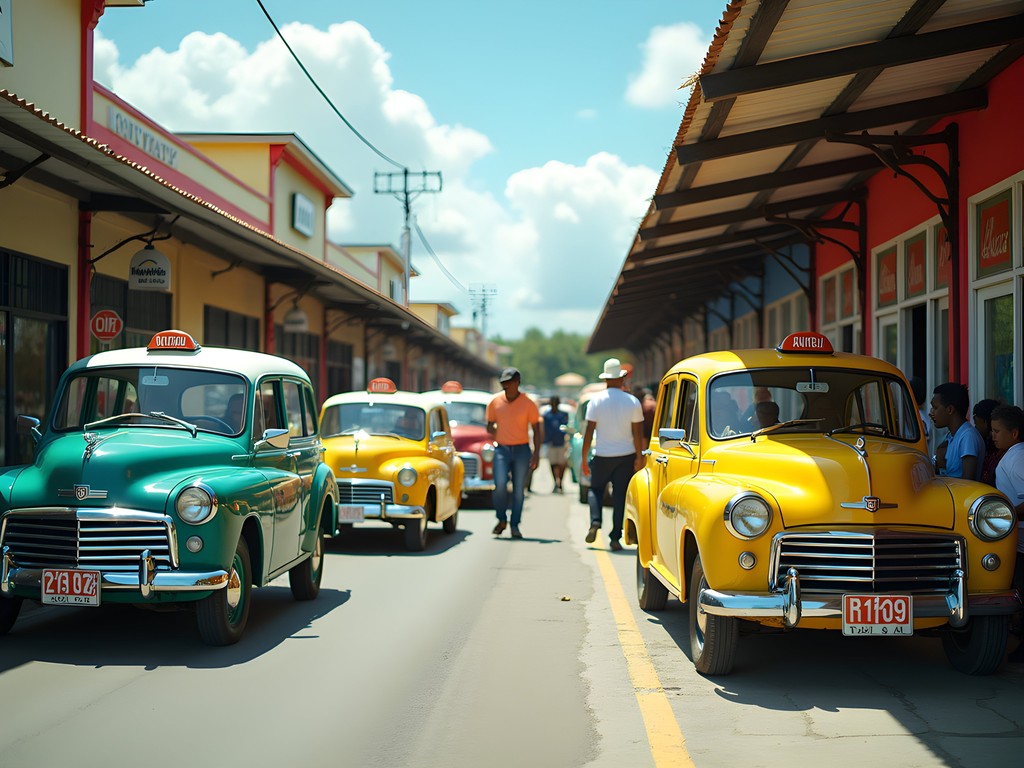 Local route taxi stand in Portmore with colorful vehicles and waiting passengers
