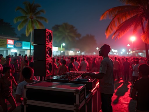 Authentic Jamaican sound system setup with massive speakers and nighttime crowd in Portmore