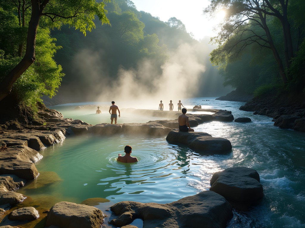 Natural hot springs at El RĂo Cuale with local families enjoying thermal pools