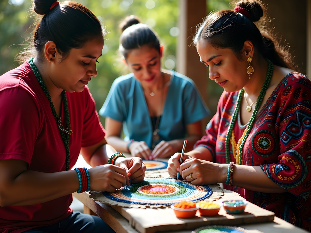 Huichol artist demonstrating traditional beadwork techniques to visiting family