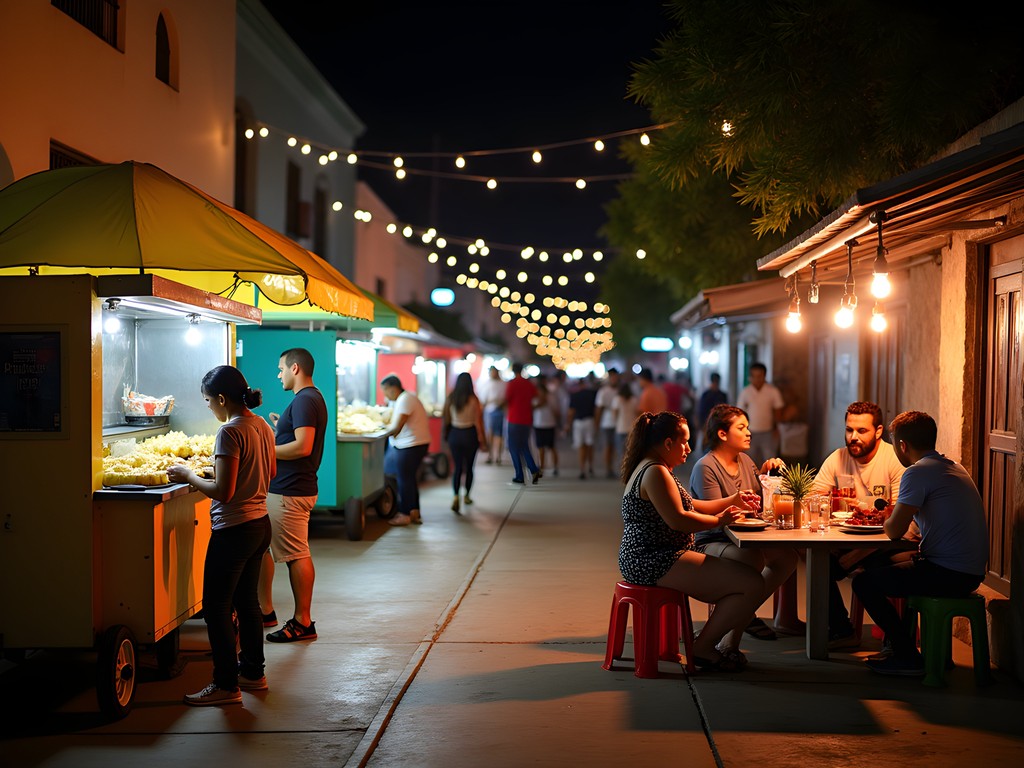 Evening food carts at El Pitillal neighborhood with local families enjoying street food