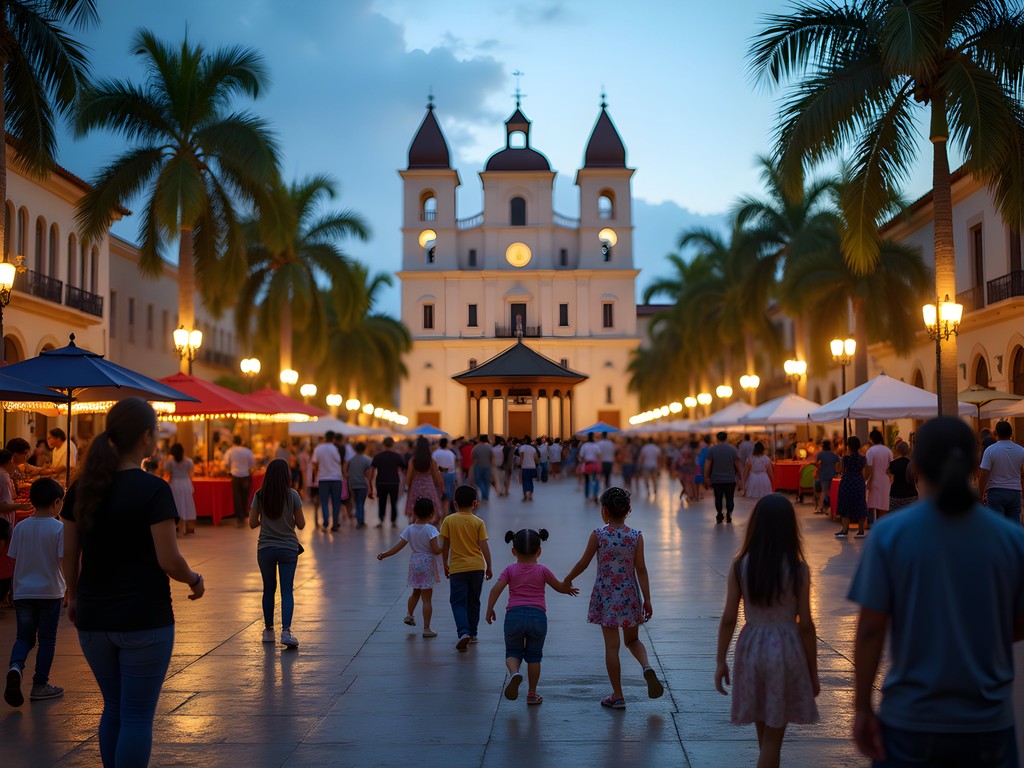 Local families gathering at Plaza Principal on Sunday evening with children playing and street performers