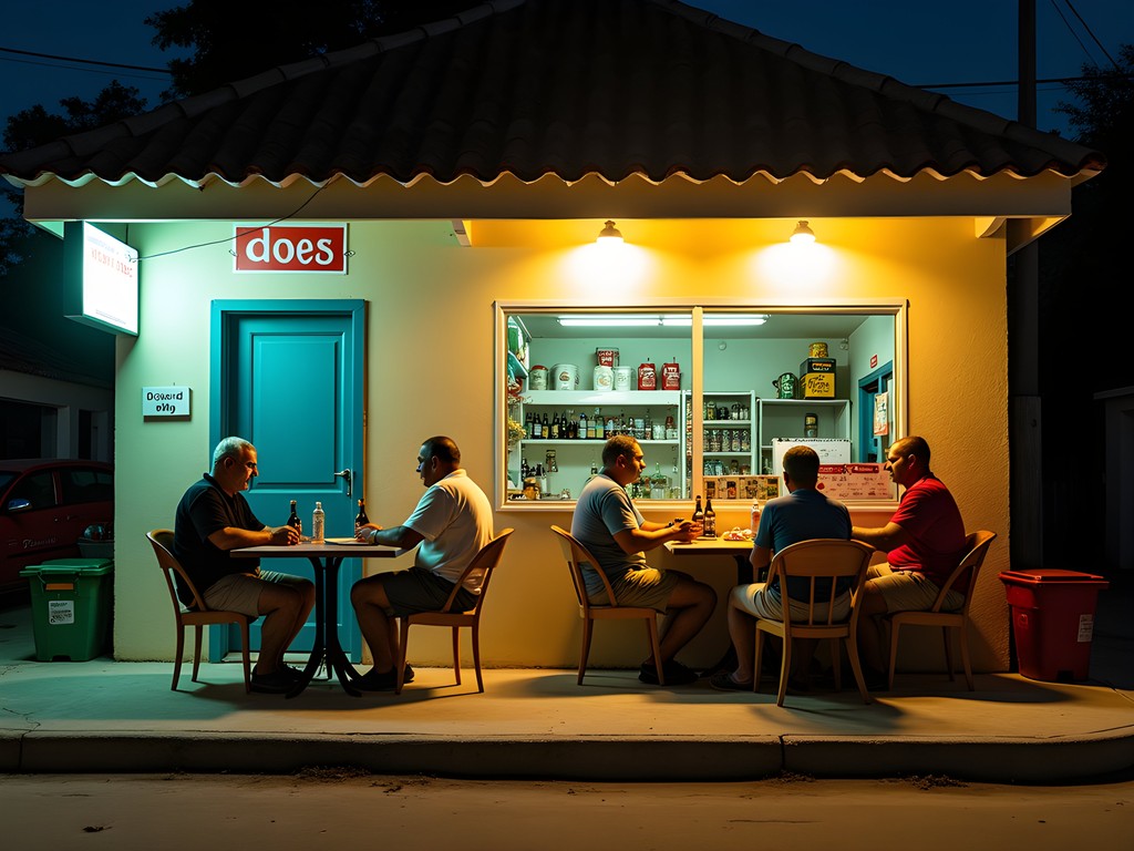 Locals playing dominoes outside a colmado corner store in Punta Cana evening