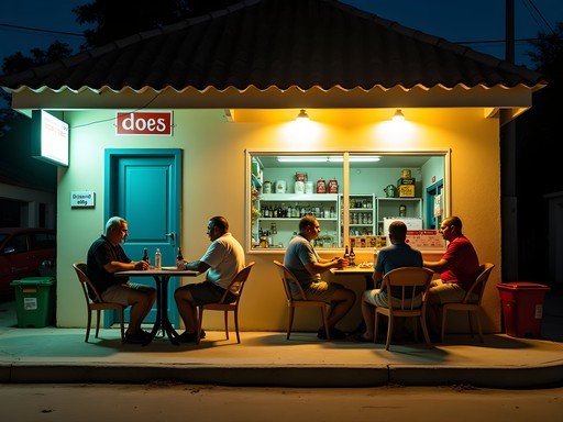 Locals playing dominoes outside a colmado corner store in Punta Cana evening