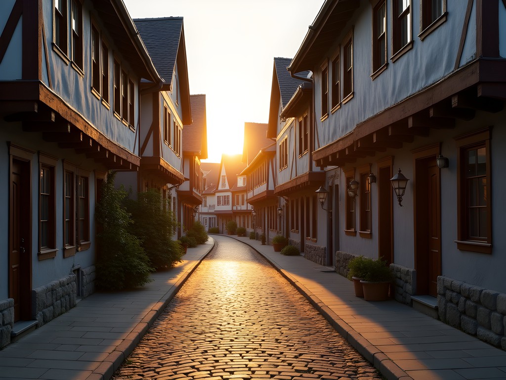 Empty cobblestone street in Petit Champlain Quebec City at sunrise with historic timber frame buildings