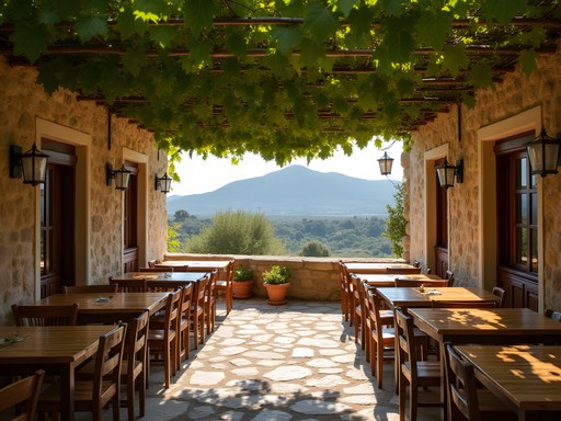 Traditional stone taverna in Embonas village with Mount Attavyros in background