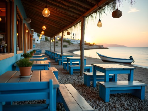 Beachfront seafood taverna in Haraki Bay, Rhodes with tables overlooking the Aegean Sea