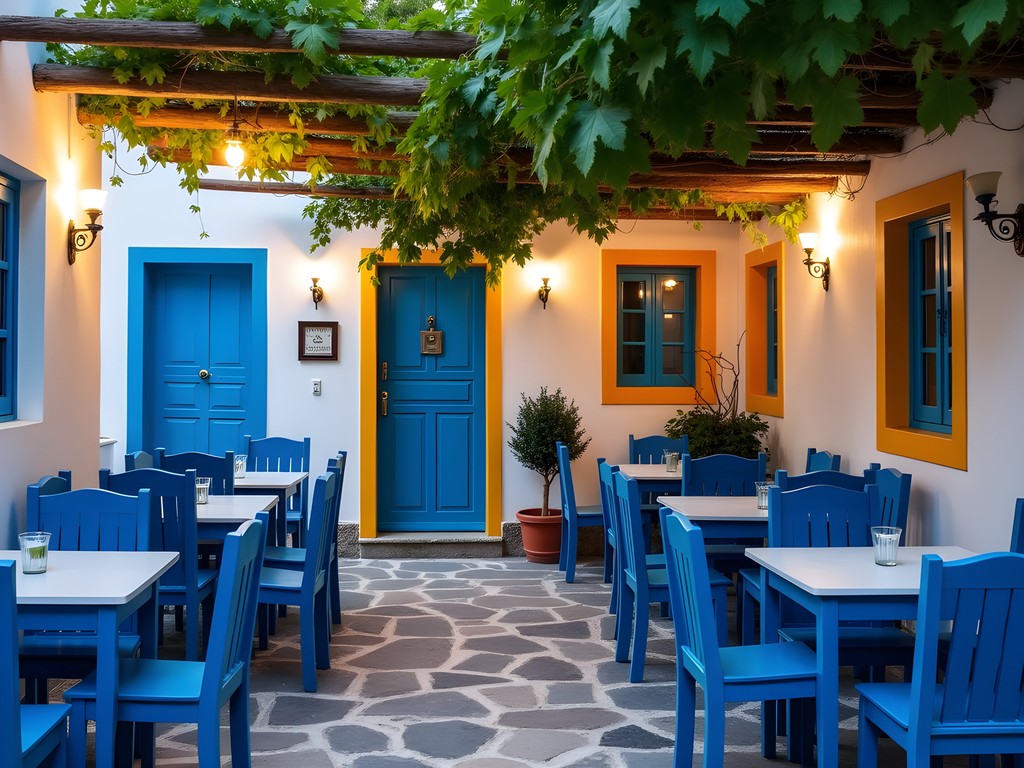 Authentic Greek taverna in colorful Koskinou village with blue chairs and white tables