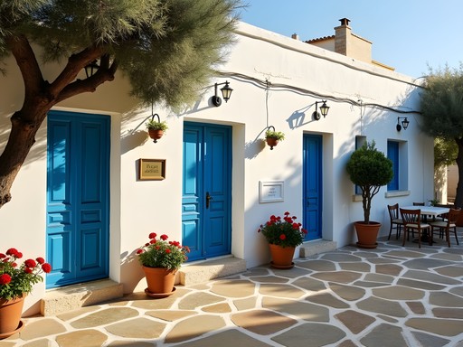 White-washed taverna with blue accents in Lachania village, southern Rhodes