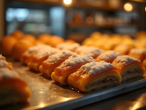 Display of traditional Greek desserts including baklava and galaktoboureko in a Rhodes bakery