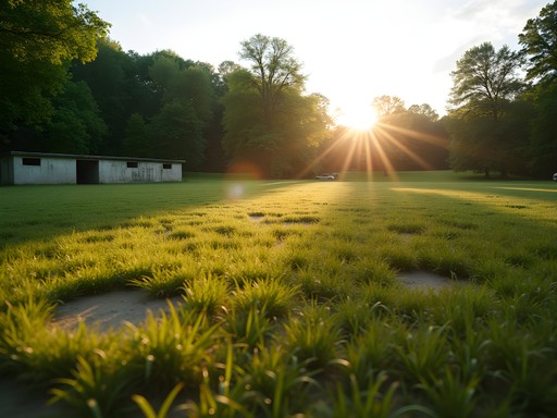 Historic baseball field location in Richmond with subtle outline of former infield visible in grass