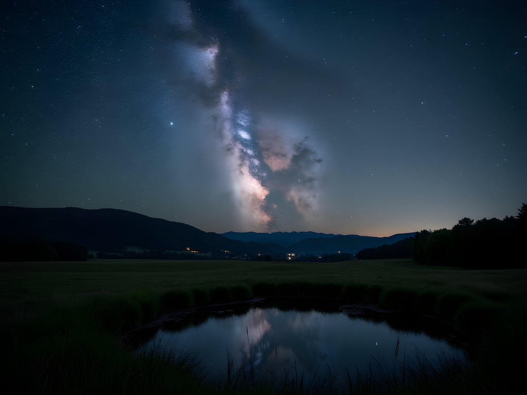 Night sky with Milky Way visible over rolling Kentucky hills at Maywoods Environmental Laboratory