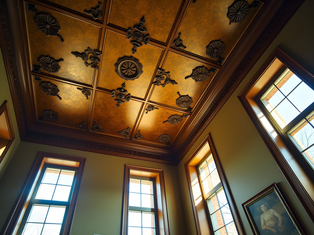 Original ornate tin ceiling in the historic Rogers Building in downtown Richmond