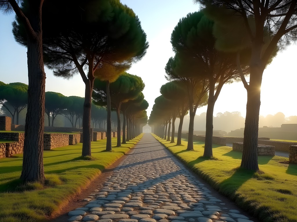 Ancient Appian Way (Via Appia Antica) with pine trees and Roman ruins