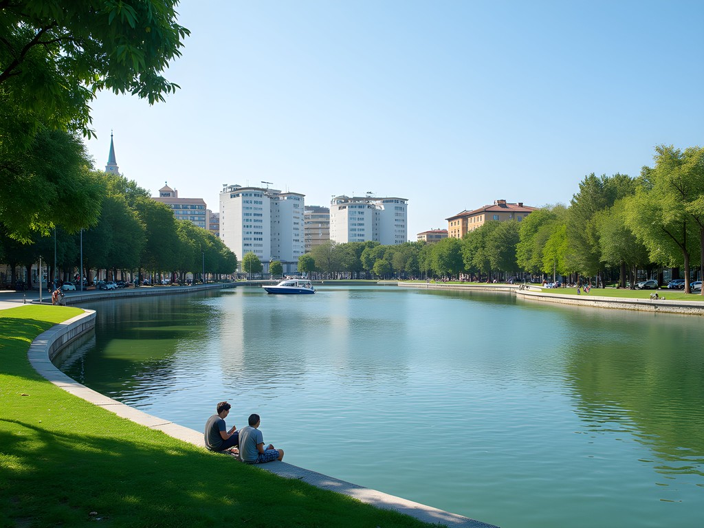 Laghetto dell'EUR lake with locals relaxing and iconic EUR architecture