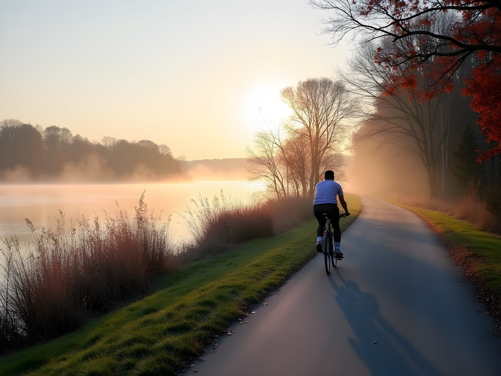 Misty morning view of Mississippi River from Beaver Island Trail with fall foliage