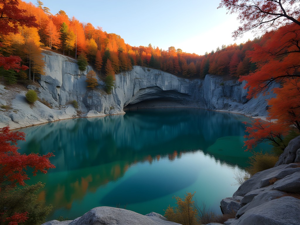 Granite quarry pool reflecting vibrant fall foliage in Quarry Park and Nature Preserve