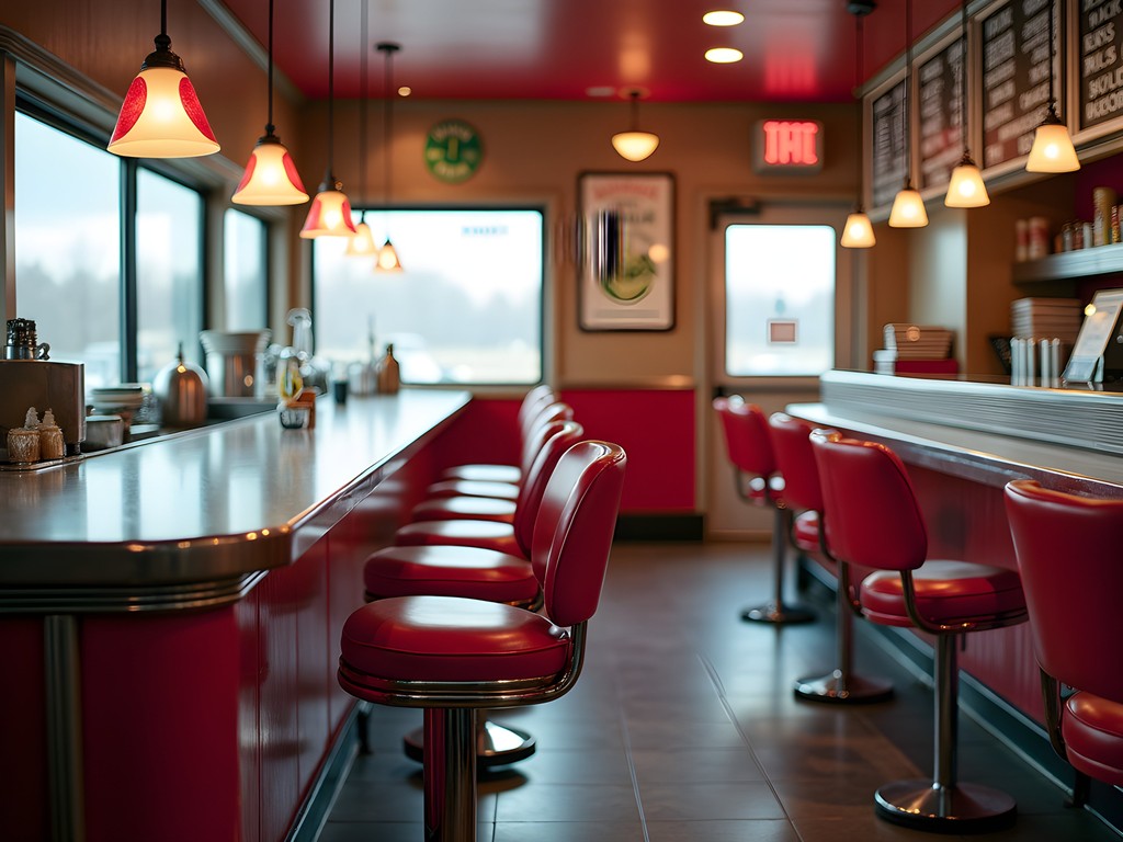 Vintage interior of Val's Hamburgers with classic counter seating