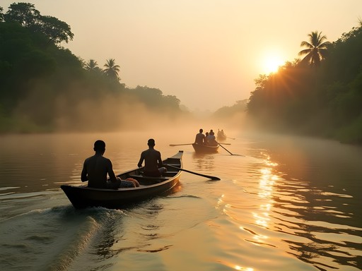 Traditional pirogue crossing the misty Maroni River at dawn