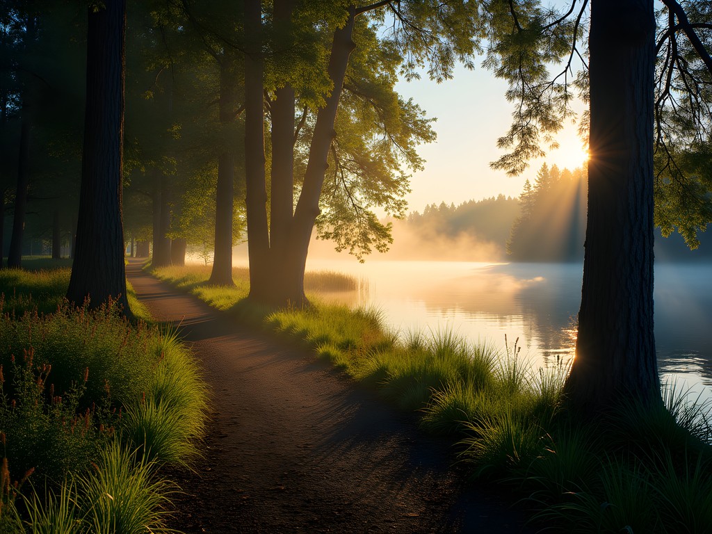 Early morning light on walking trails at Minto-Brown Island Park in Salem