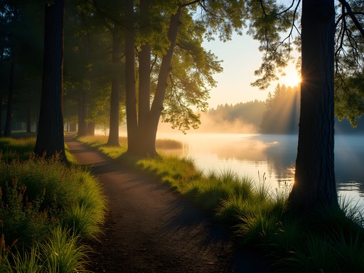 Early morning light on walking trails at Minto-Brown Island Park in Salem