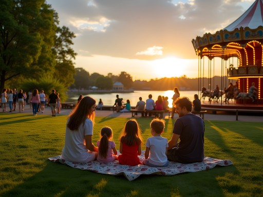 Families gathering at Salem's Riverfront Park at sunset with Willamette River views