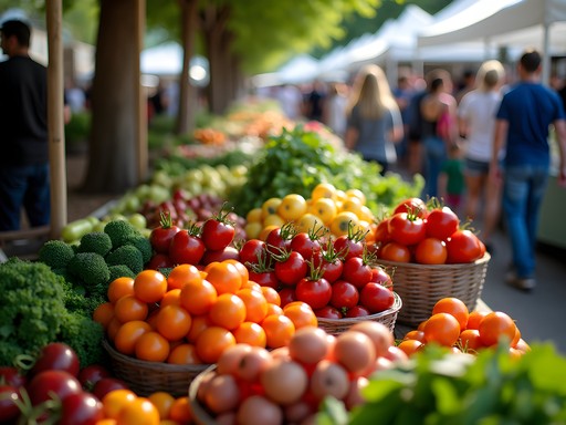 Colorful organic produce display at Salem Saturday Market with local farmers