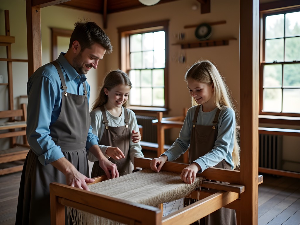 Family participating in hands-on weaving demonstration at Willamette Heritage Center