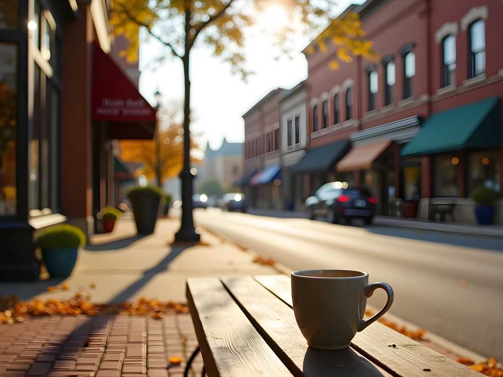 Woman enjoying morning coffee on Santa Fe Avenue in downtown Salina