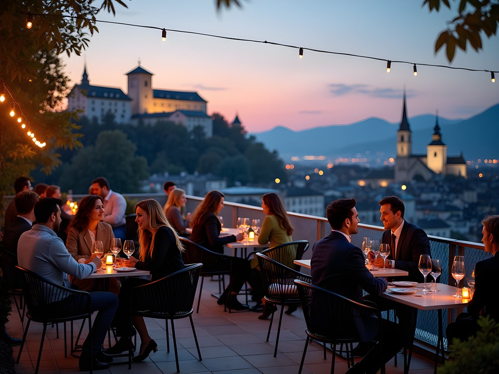 Panoramic evening view from Salzburg rooftop bar with locals