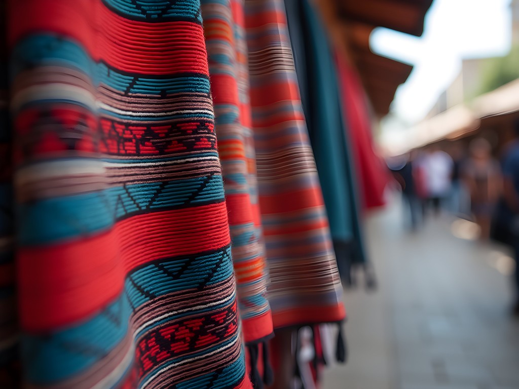 Colorful handwoven textiles at La Ermita Market in San Cristóbal