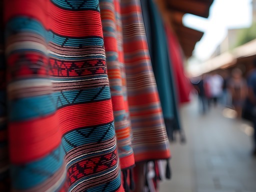 Colorful handwoven textiles at La Ermita Market in San Cristóbal